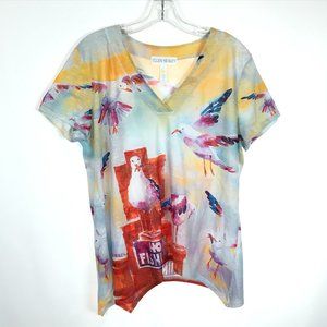Womens Size Large Ellen Negley Art & Soul Multicolor Seagull Print Slub Knit Tee
